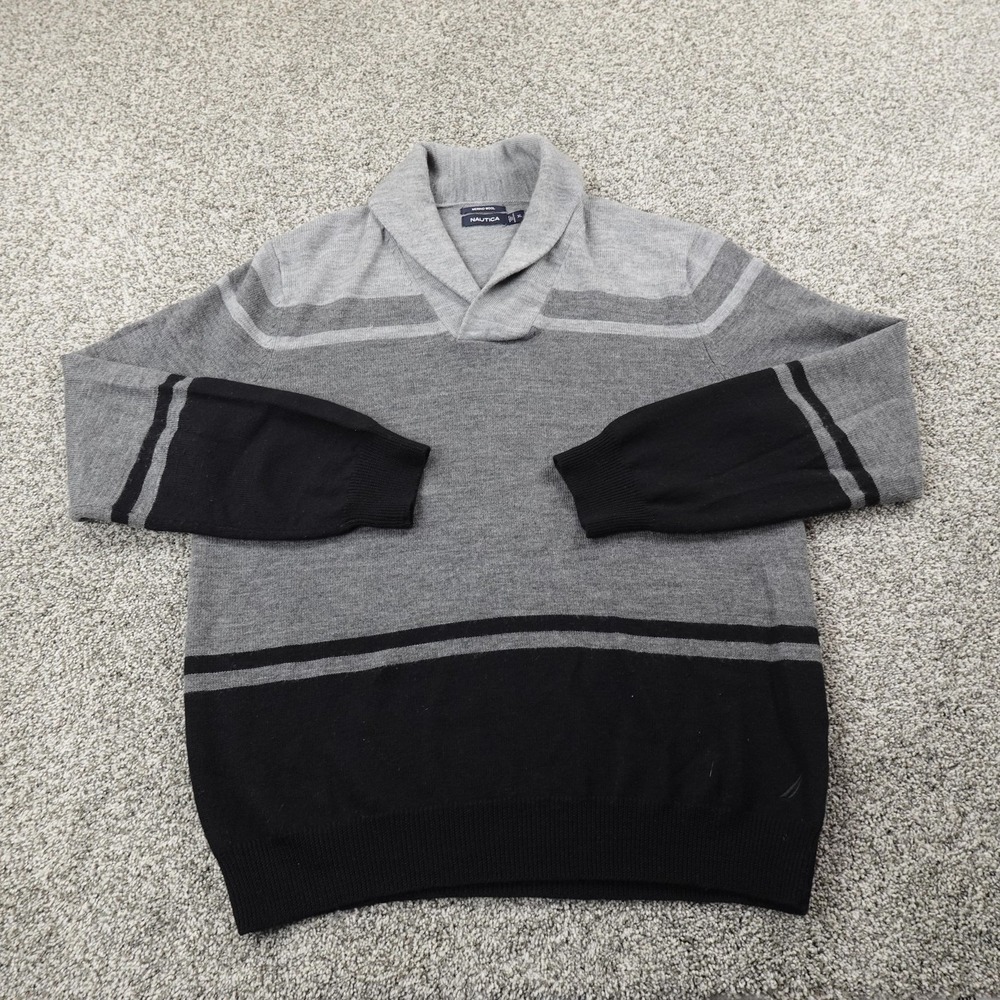 Nautica Sweater Mens XL Black Gray Merino Wool Shawl Collar Pullover Sweatshirt